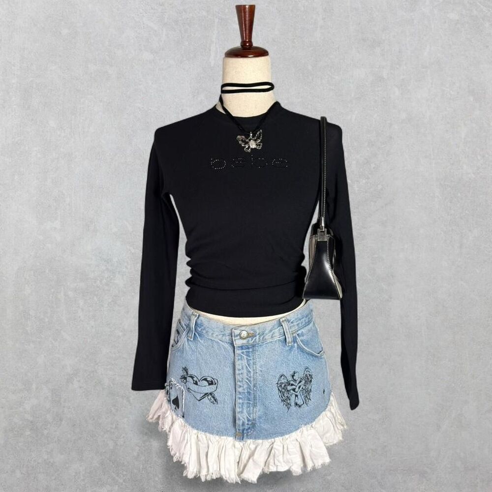 Y2K Bebe Black Rhinestone Logo Stretchy Mesh Long Sleeve Top